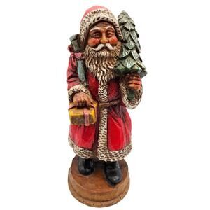 Vintage Midway Wood Carved Santa With Gifts And Tree - 9" Tall - Taiwan